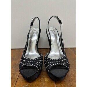 I Miller women 9M black fabric sparkly open stiletto slingback buckle heels
